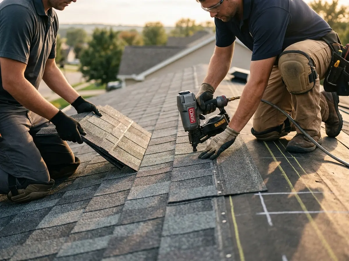 Professional roofer working on a residential roof in Comstock